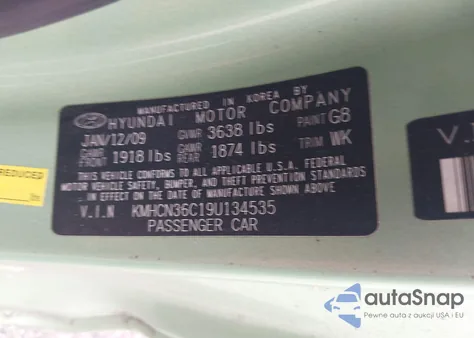 2009 Hyundai Accent Se z USA, uszkodzony, nr VIN KMHCN36C19U134535